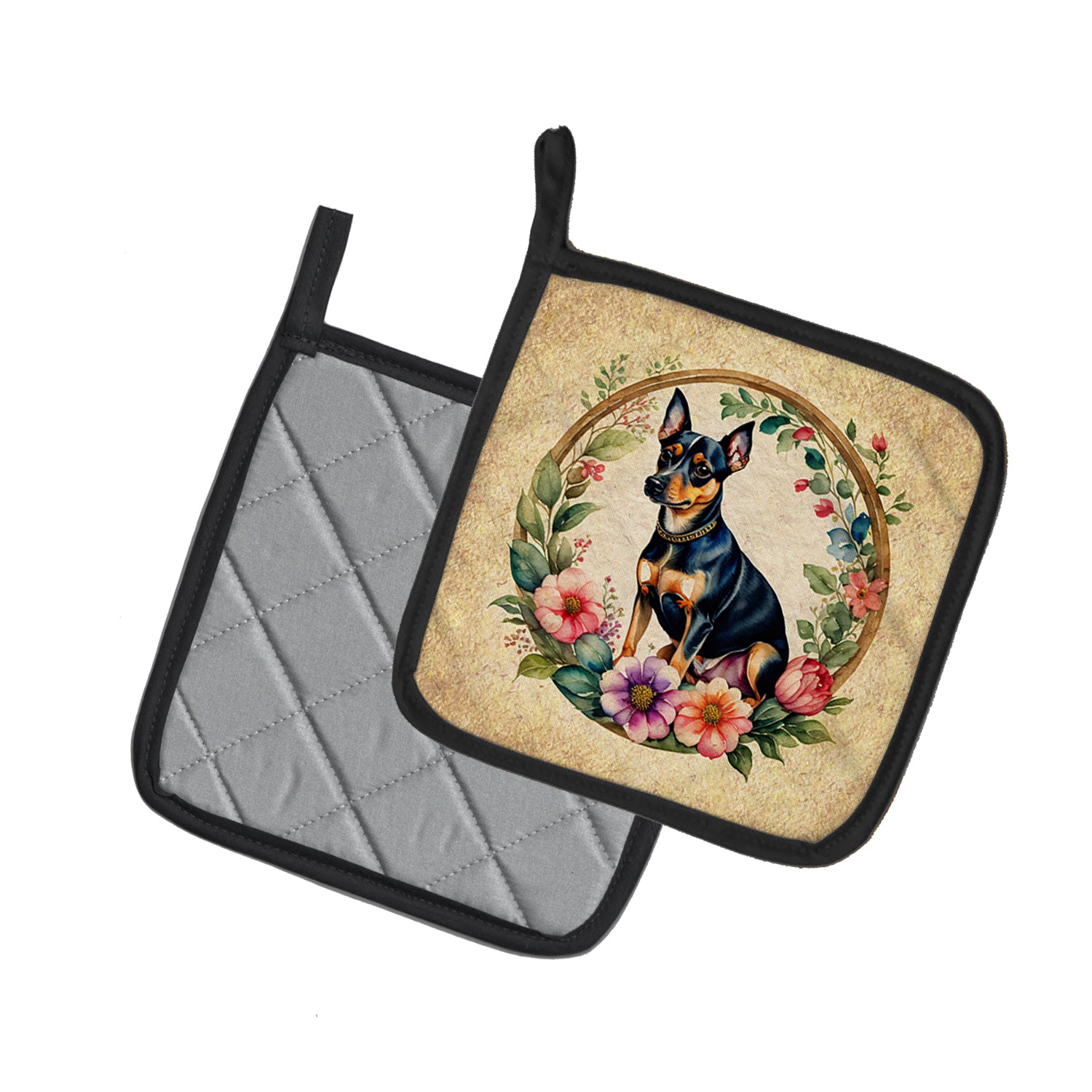 Miniature Pinscher and Flowers Pair of Pot Holders  the-store.com.