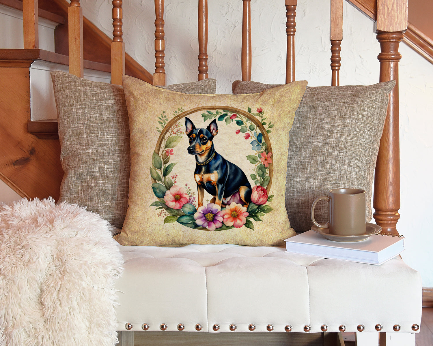 Miniature Pinscher and Flowers Fabric Decorative Pillow