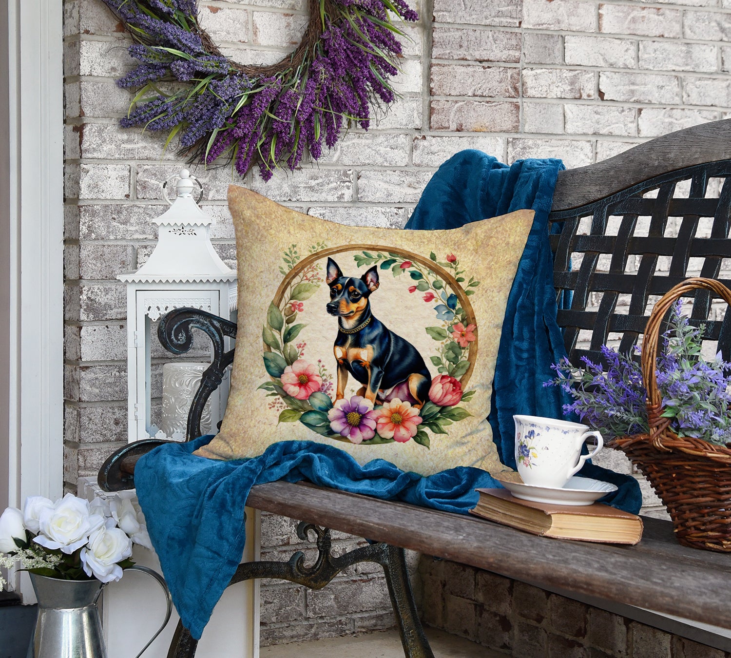 Miniature Pinscher and Flowers Fabric Decorative Pillow