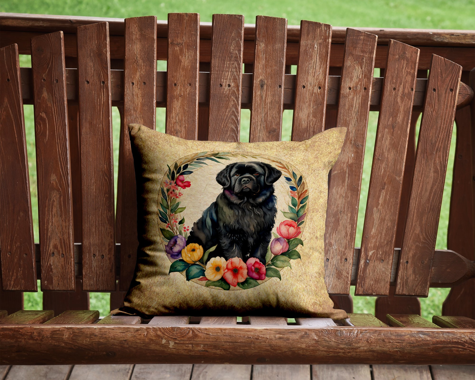 Buy this Newfoundland and Flowers Fabric Decorative Pillow