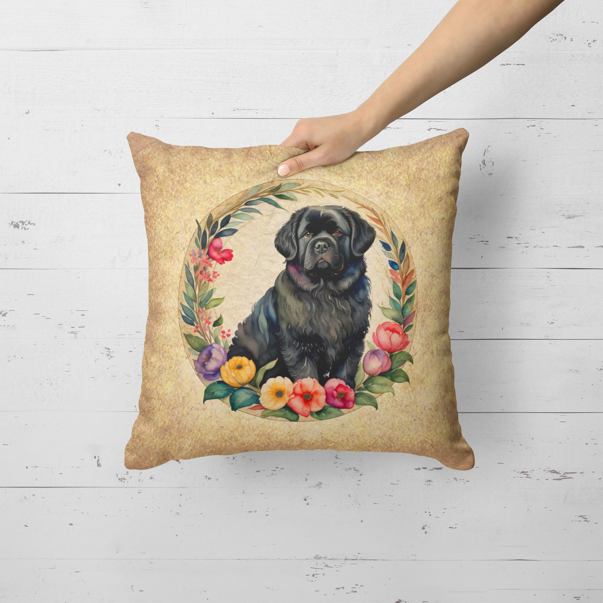 Newfoundland and Flowers Fabric Decorative Pillow