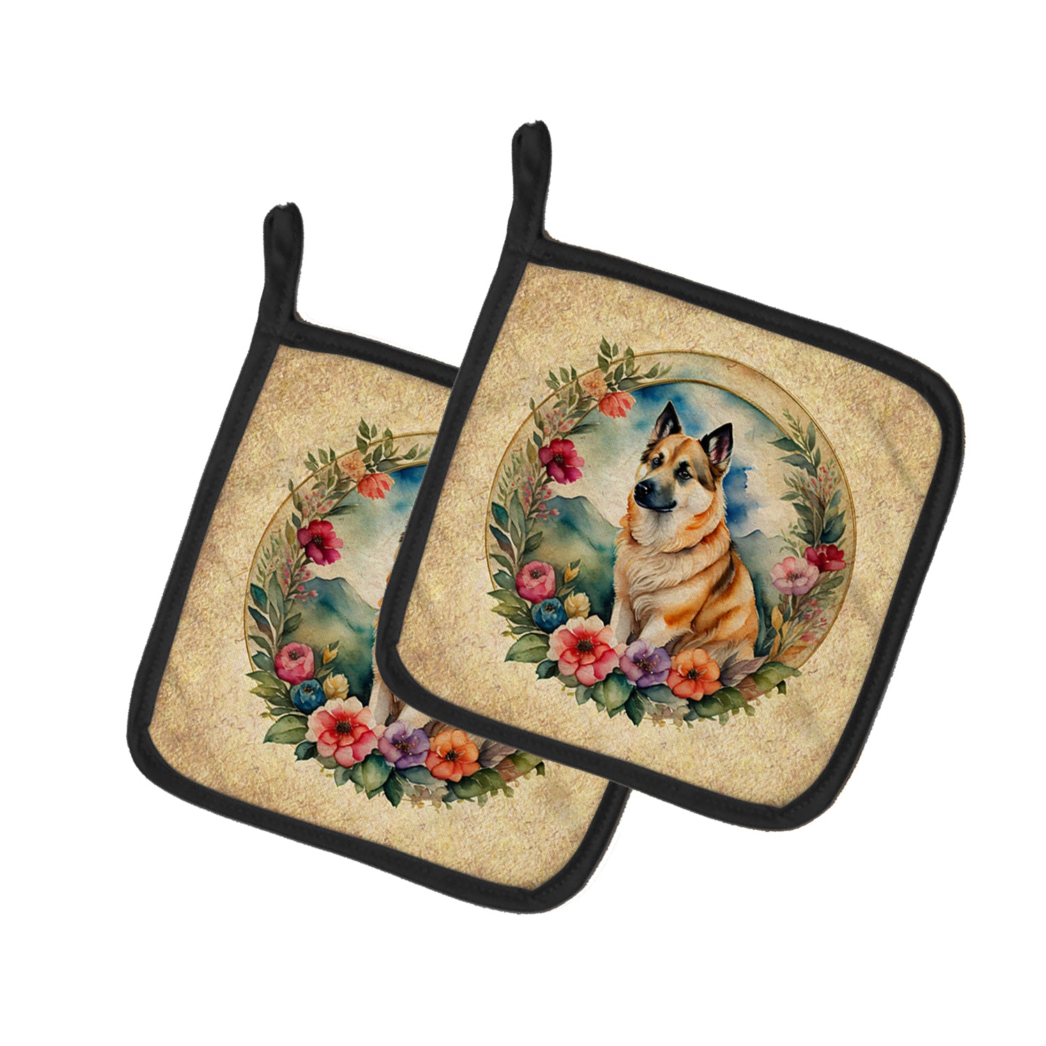 Buy this Norwegian Buhund and Flowers Pair of Pot Holders