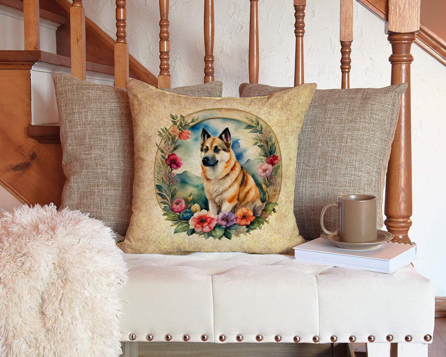 Norwegian Buhund and Flowers Fabric Decorative Pillow