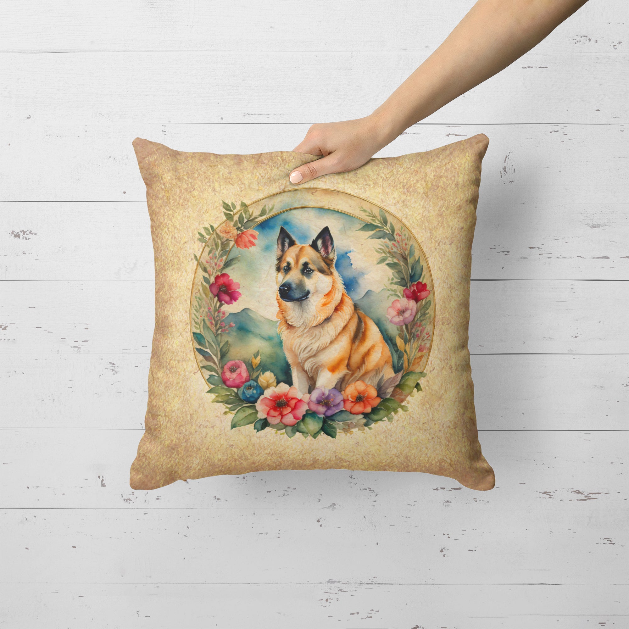 Norwegian Buhund and Flowers Fabric Decorative Pillow