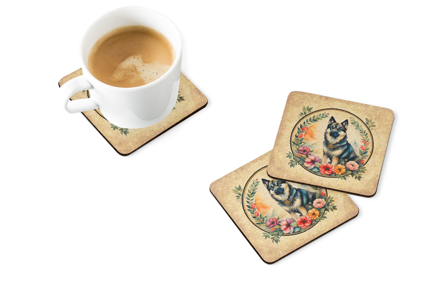 Buy this Norwegian Elkhound and Flowers Foam Coasters