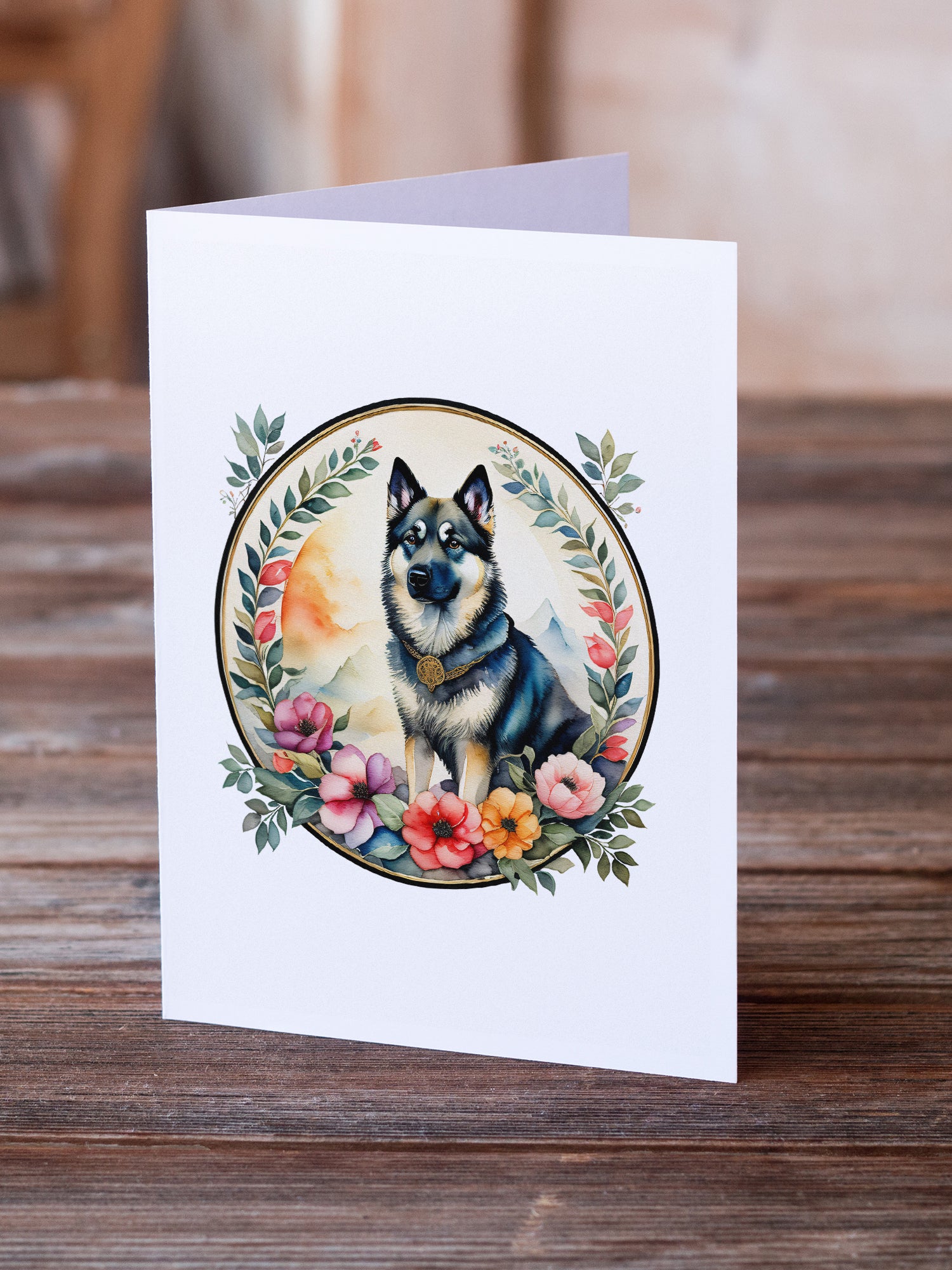 Buy this Norwegian Elkhound and Flowers Greeting Cards and Envelopes Pack of 8