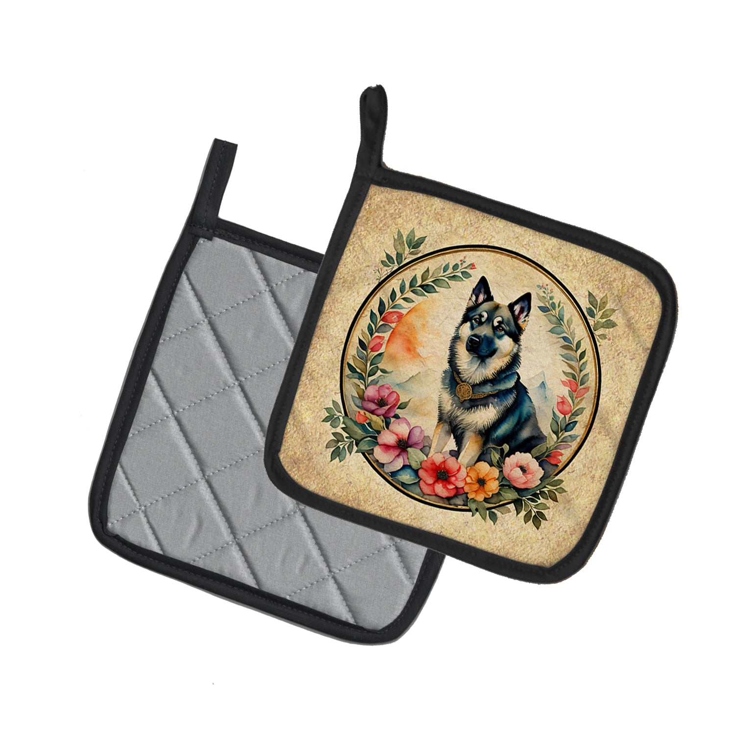 Buy this Norwegian Elkhound and Flowers Pair of Pot Holders