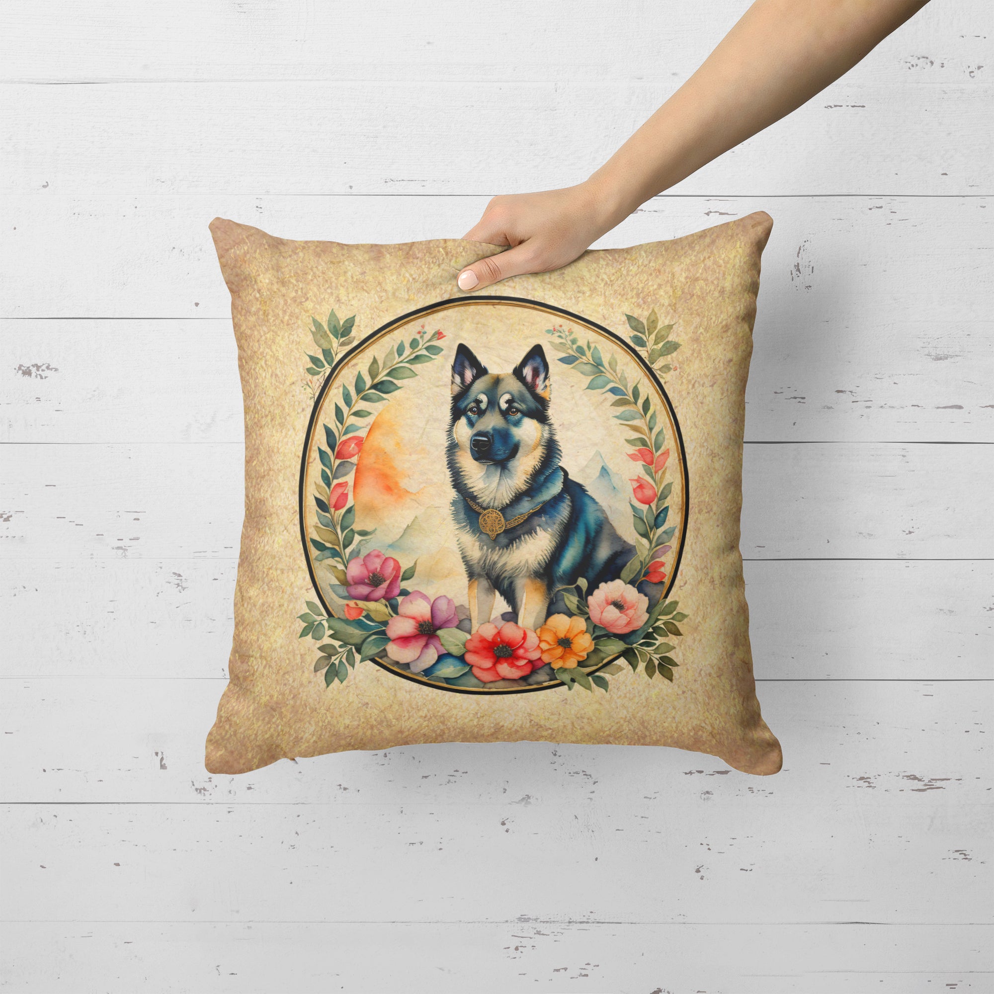 Buy this Norwegian Elkhound and Flowers Fabric Decorative Pillow