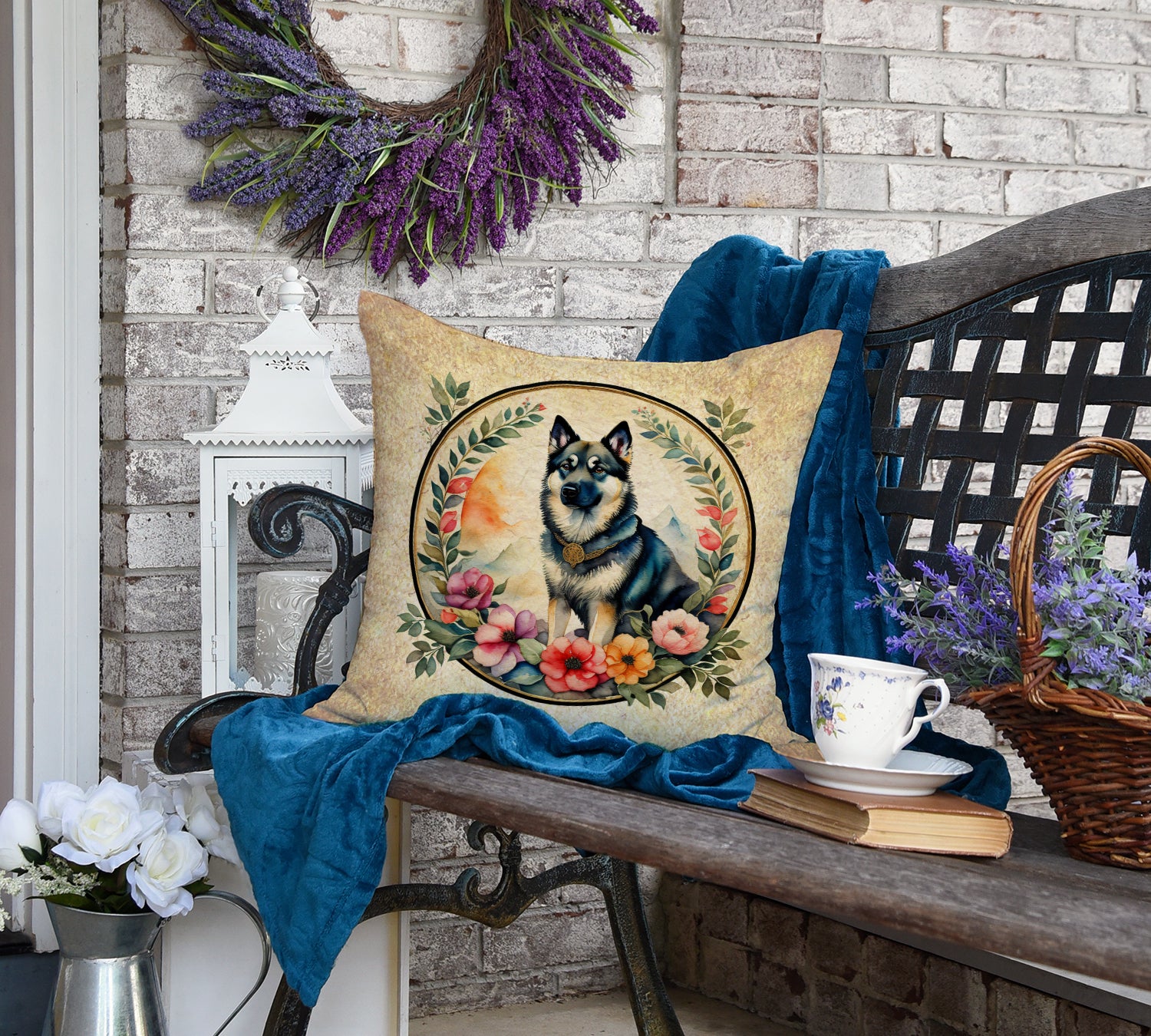 Norwegian Elkhound and Flowers Fabric Decorative Pillow  the-store.com.