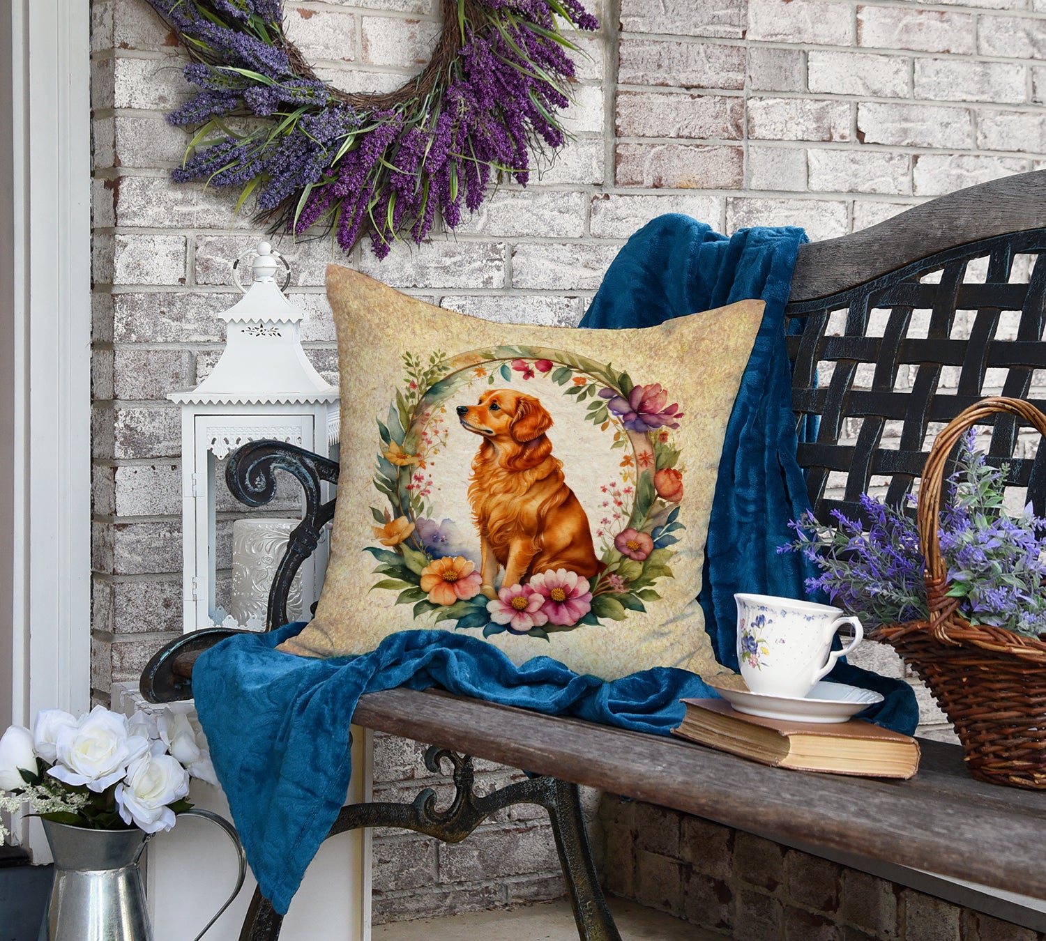 Nova Scotia Duck Tolling Retriever and Flowers Fabric Decorative Pillow  the-store.com.