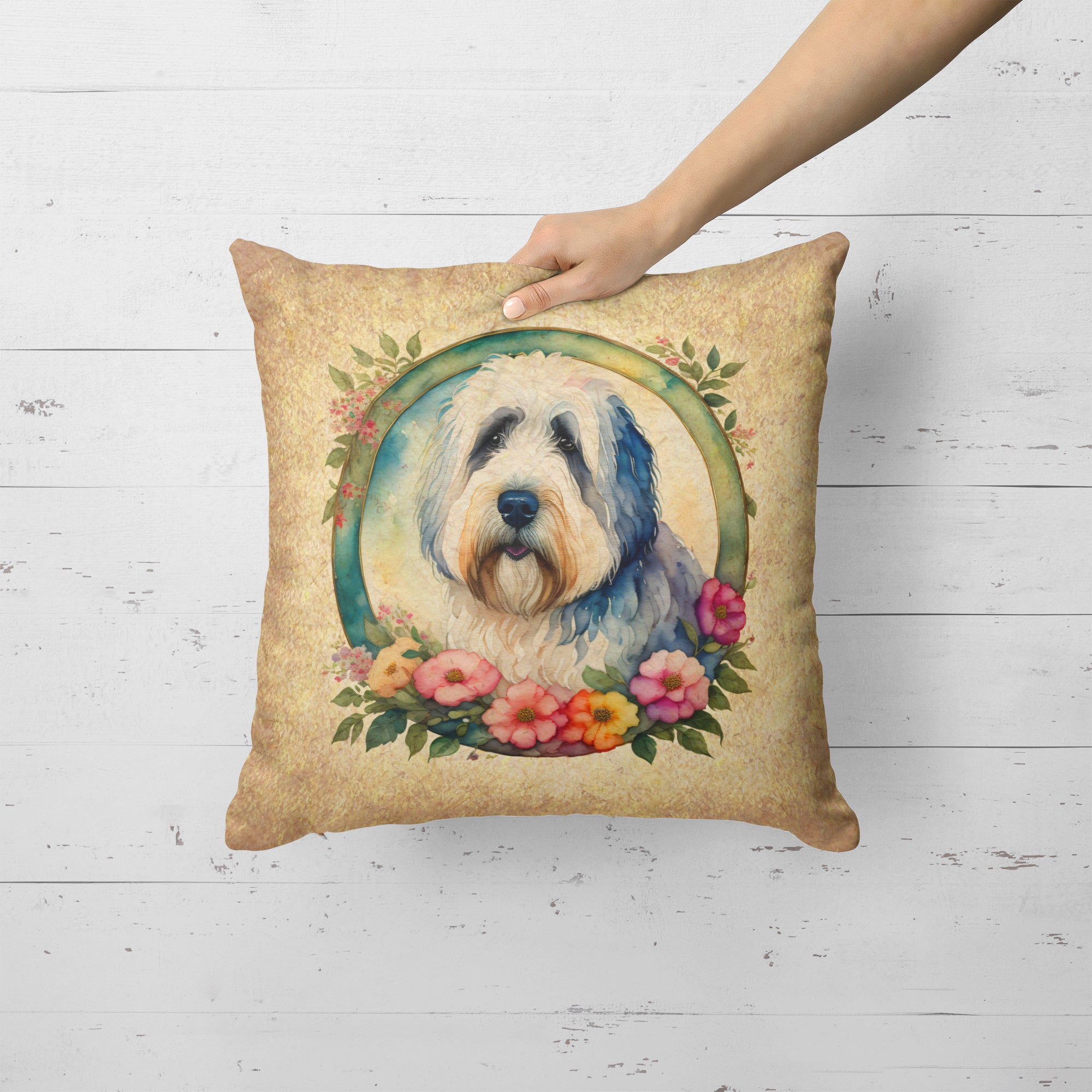 Old English Sheepdog and Flowers Fabric Decorative Pillow  the-store.com.