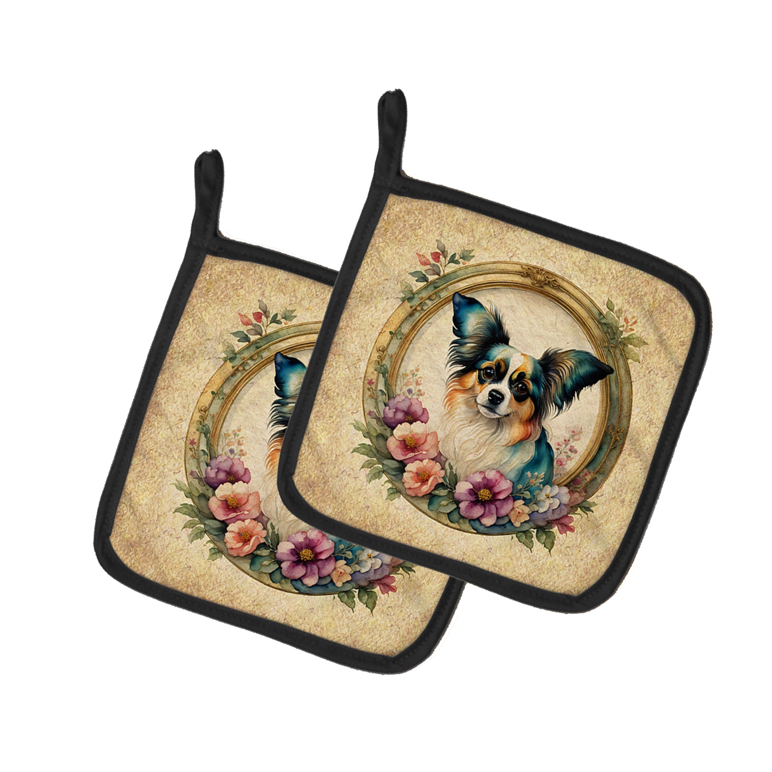 Buy this Papillon and Flowers Pair of Pot Holders