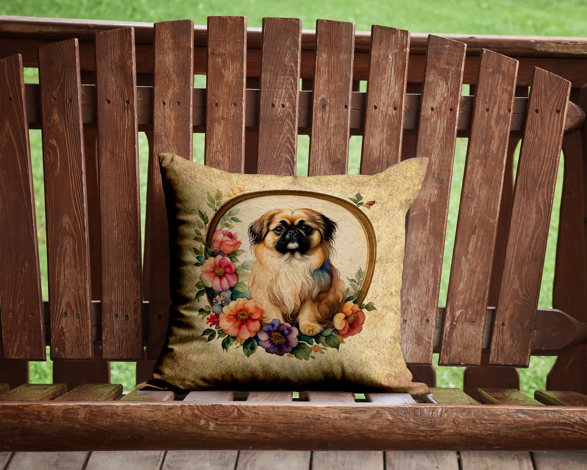 Buy this Pekingese and Flowers Fabric Decorative Pillow