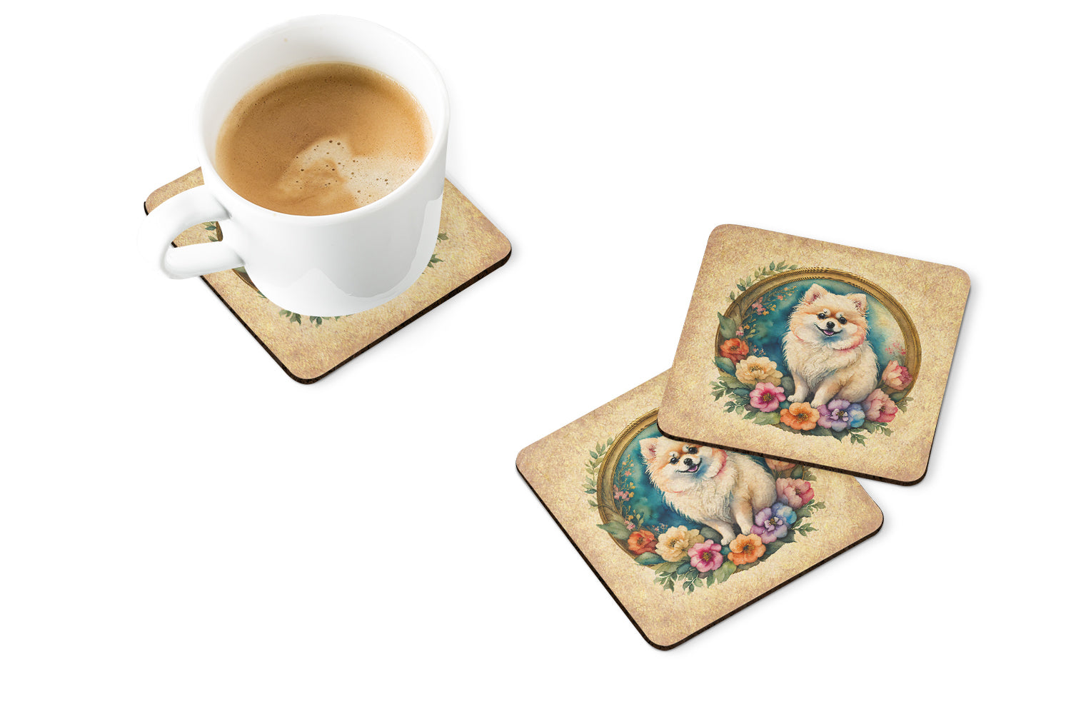 Pomeranian and Flowers Foam Coasters