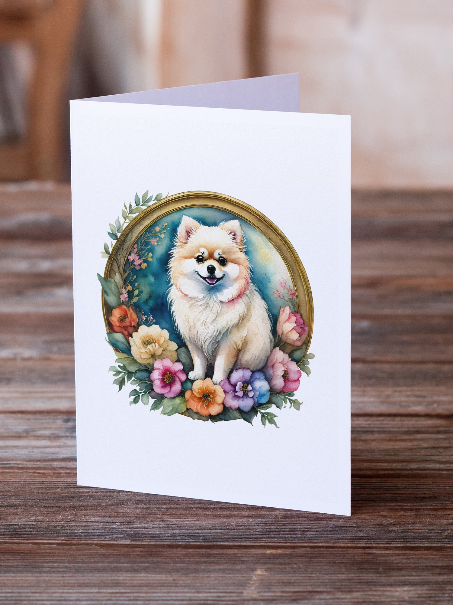 Pomeranian and Flowers Greeting Cards and Envelopes Pack of 8  the-store.com.