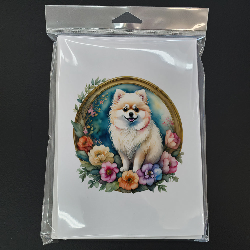 Pomeranian and Flowers Greeting Cards and Envelopes Pack of 8  the-store.com.