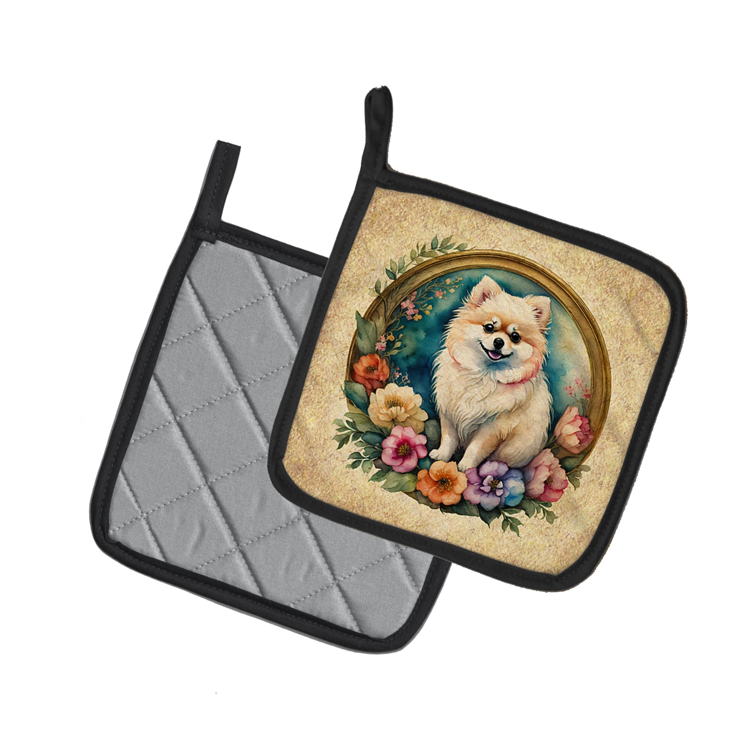 Buy this Pomeranian and Flowers Pair of Pot Holders