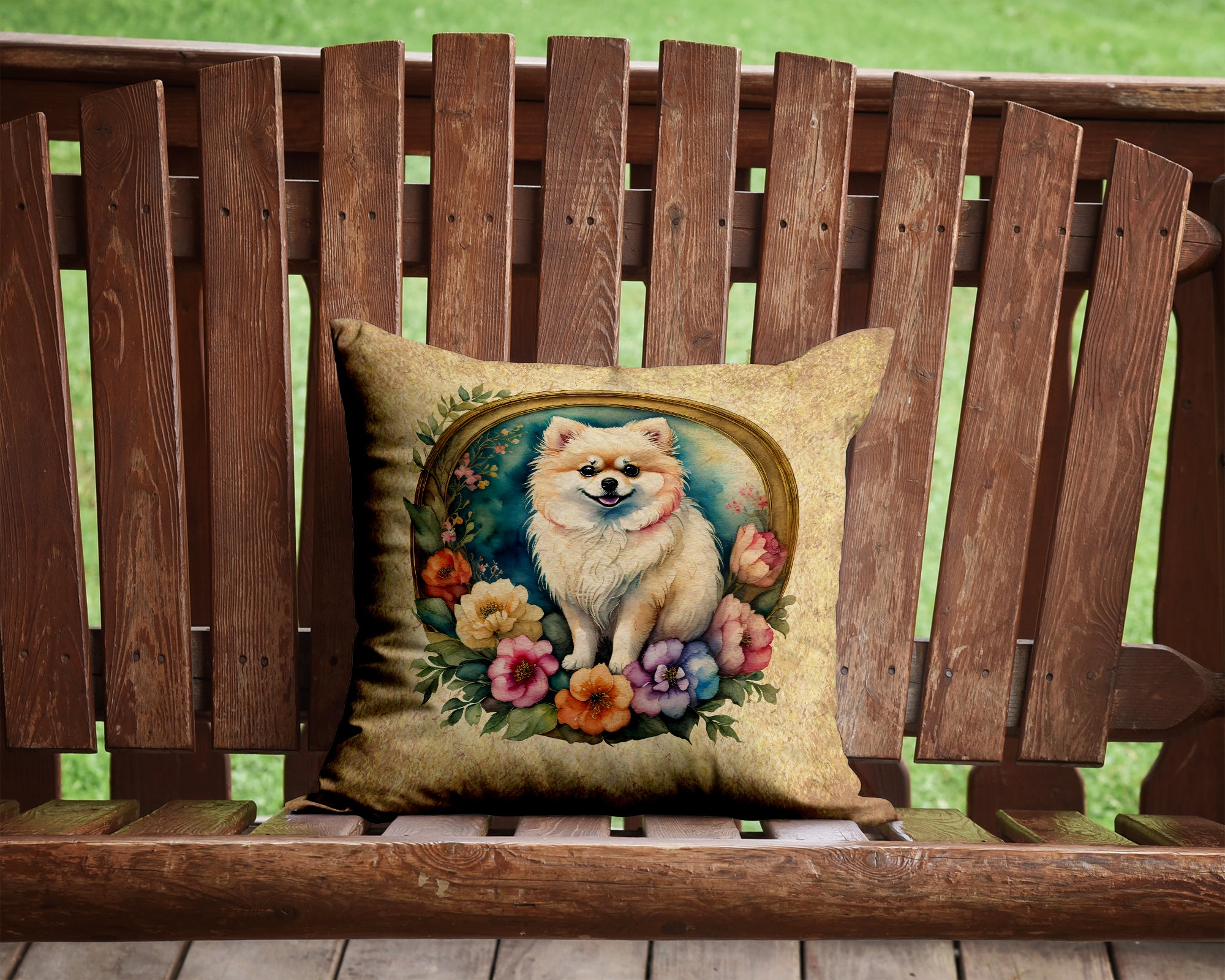 Pomeranian and Flowers Fabric Decorative Pillow