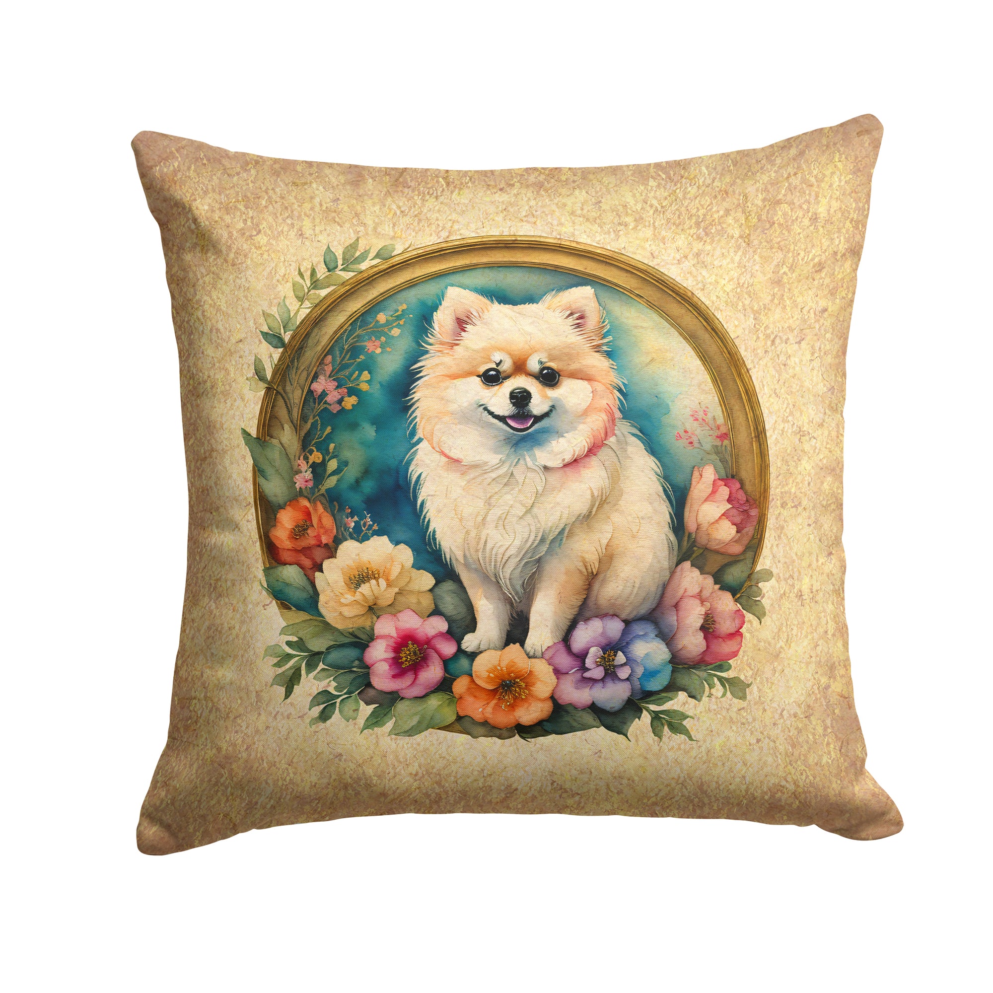 Buy this Pomeranian and Flowers Fabric Decorative Pillow