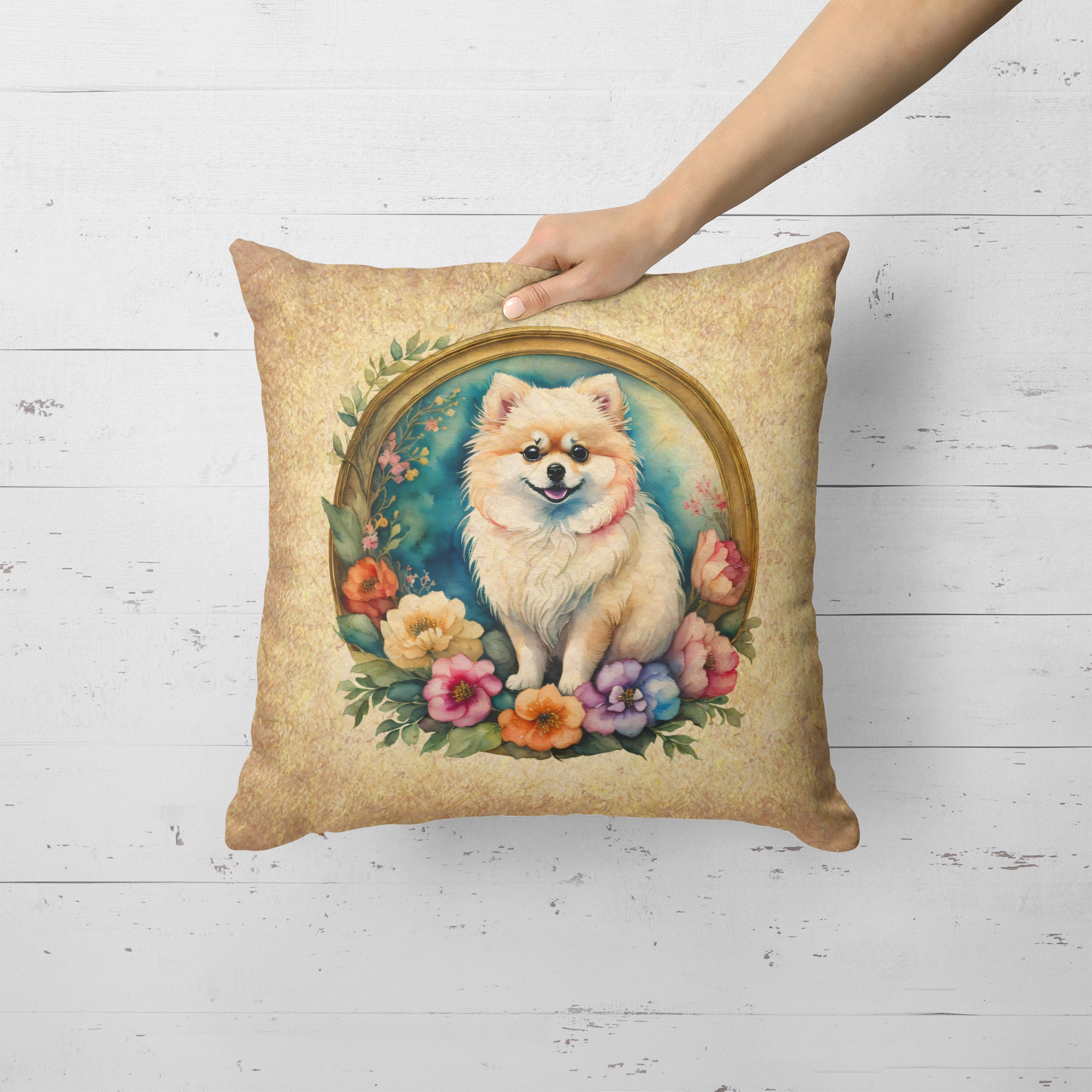 Pomeranian and Flowers Fabric Decorative Pillow  the-store.com.