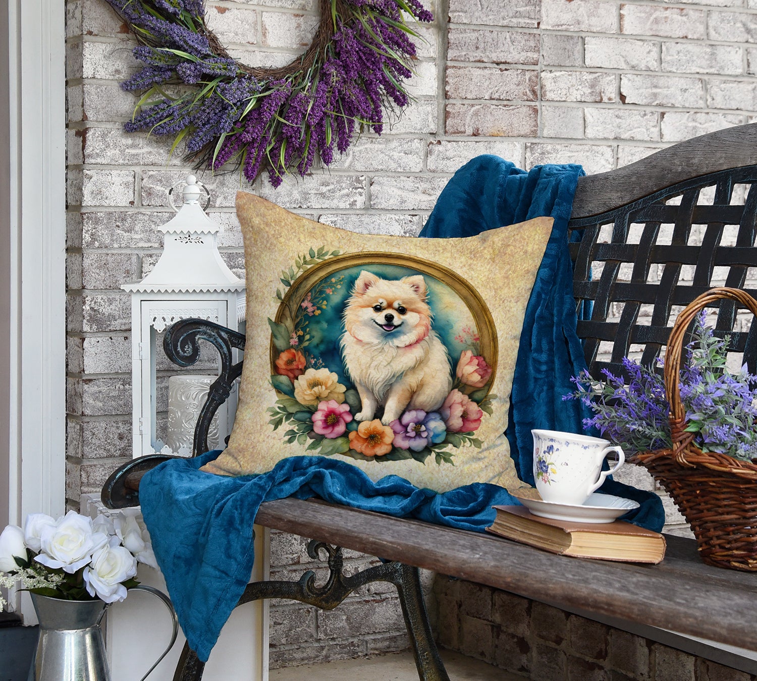 Pomeranian and Flowers Fabric Decorative Pillow  the-store.com.