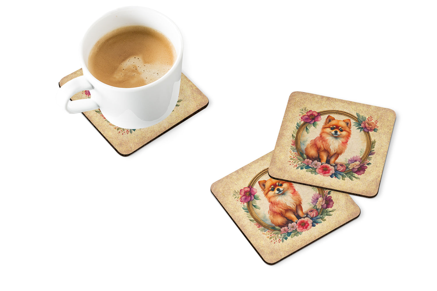 Buy this Pomeranian and Flowers Foam Coasters