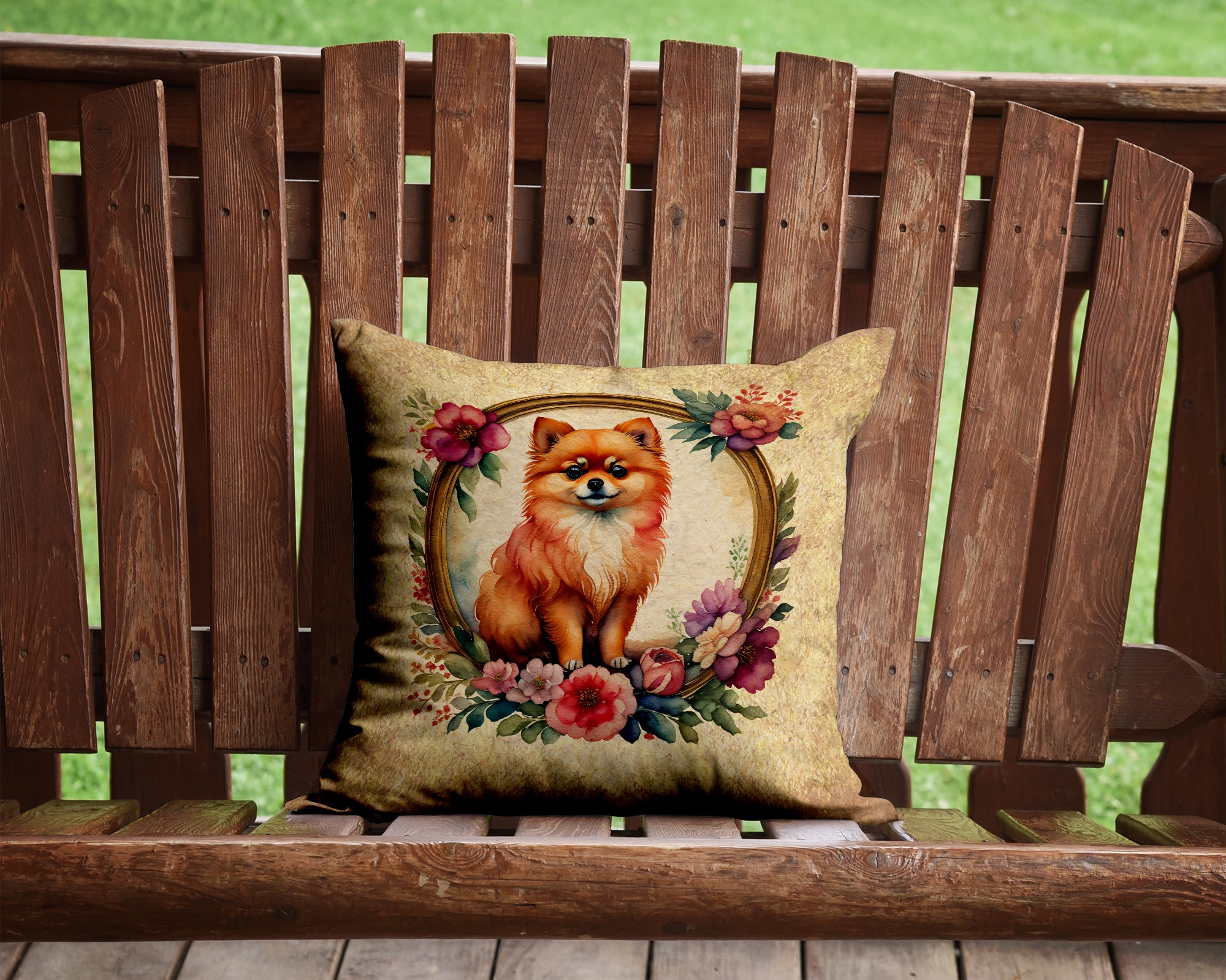 Pomeranian and Flowers Fabric Decorative Pillow