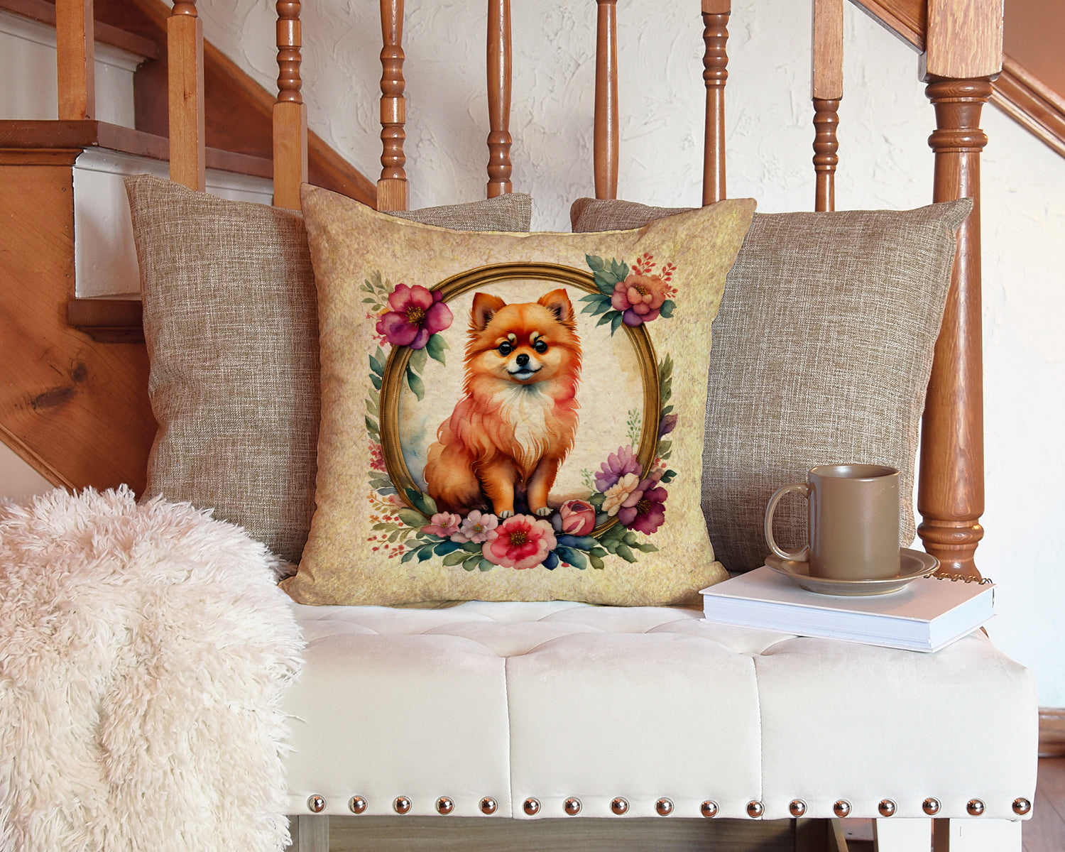 Pomeranian and Flowers Fabric Decorative Pillow  the-store.com.