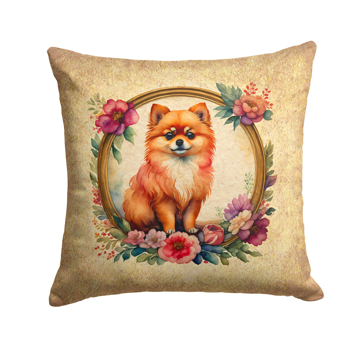 Buy this Pomeranian and Flowers Fabric Decorative Pillow