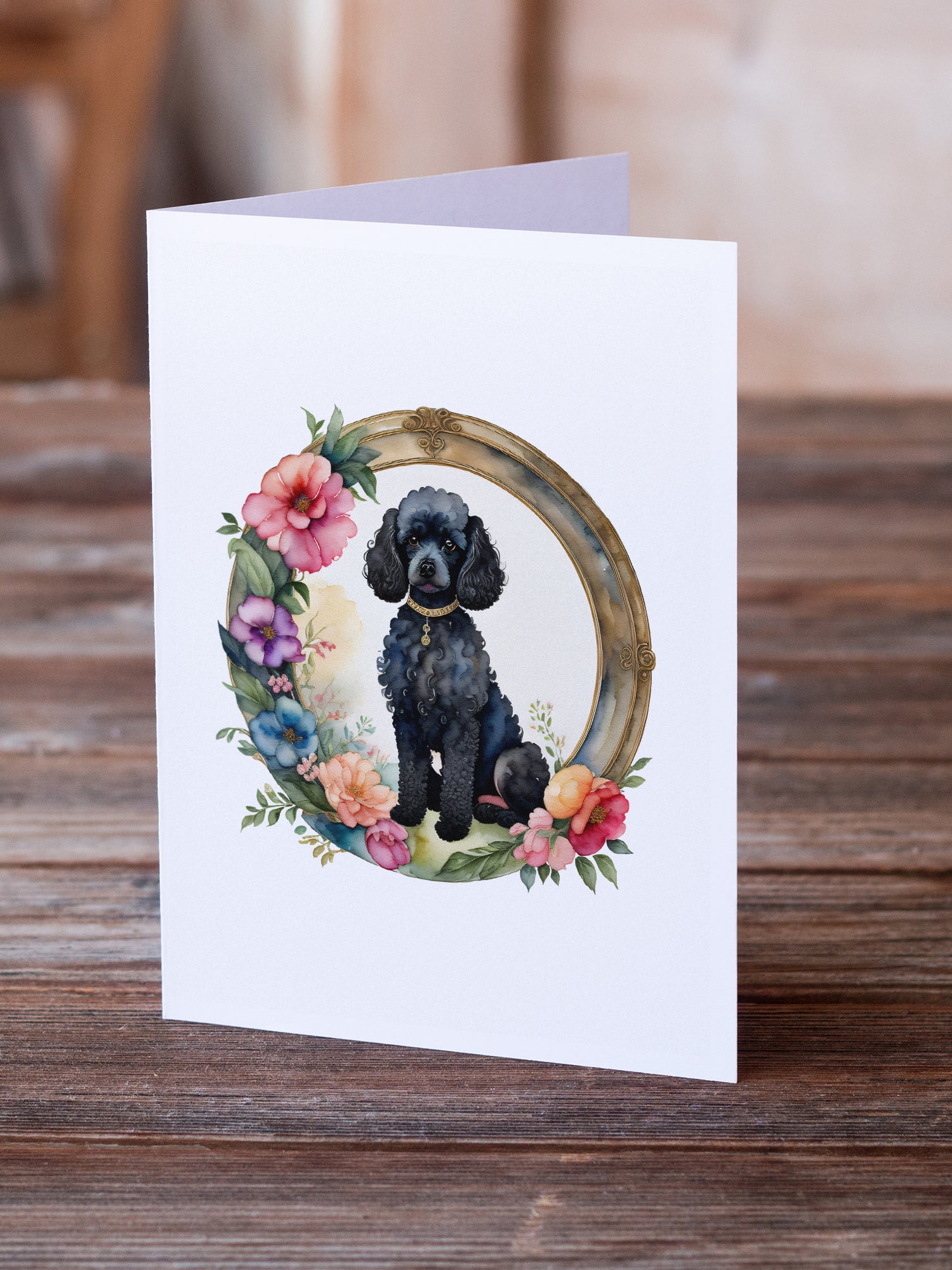 Black Poodle and Flowers Greeting Cards and Envelopes Pack of 8  the-store.com.