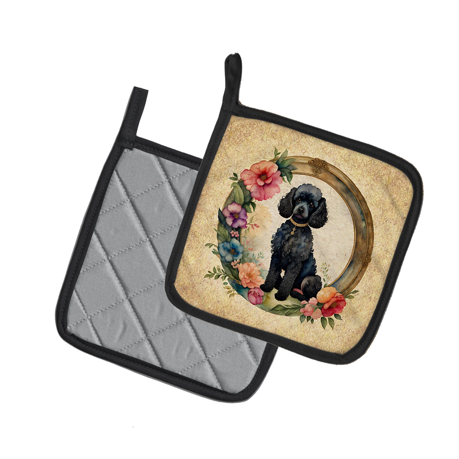 Black Poodle and Flowers Pair of Pot Holders