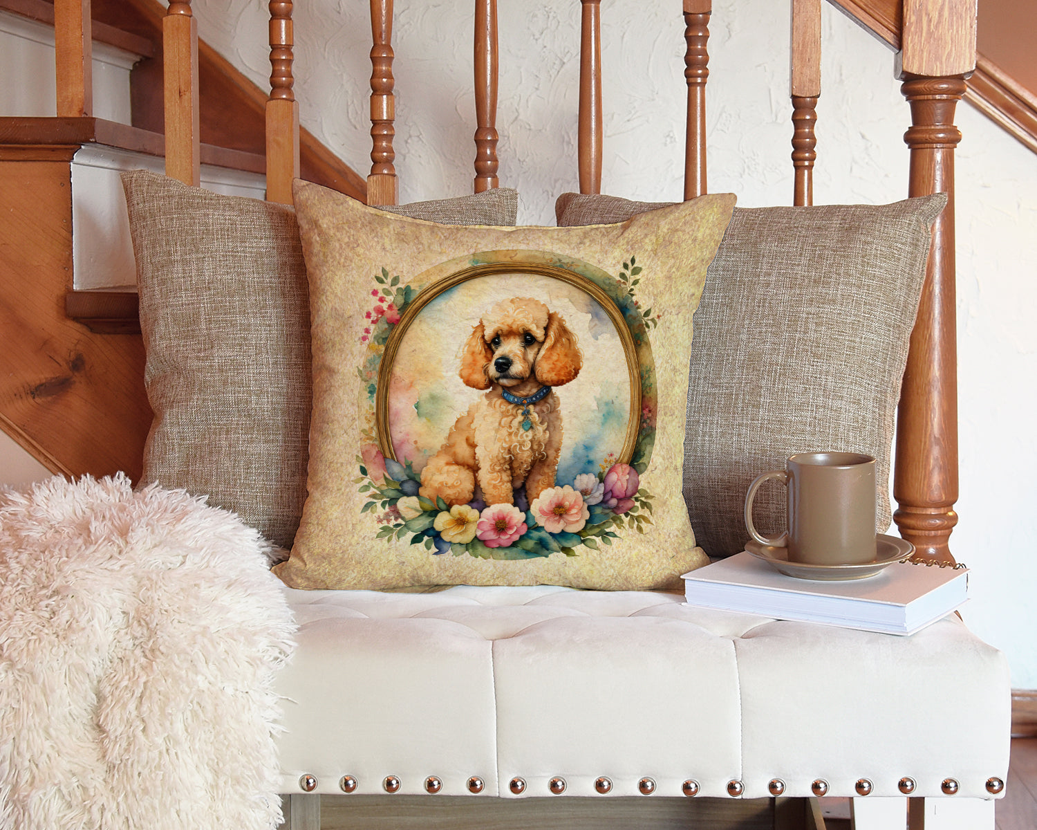 Poodle and Flowers Fabric Decorative Pillow