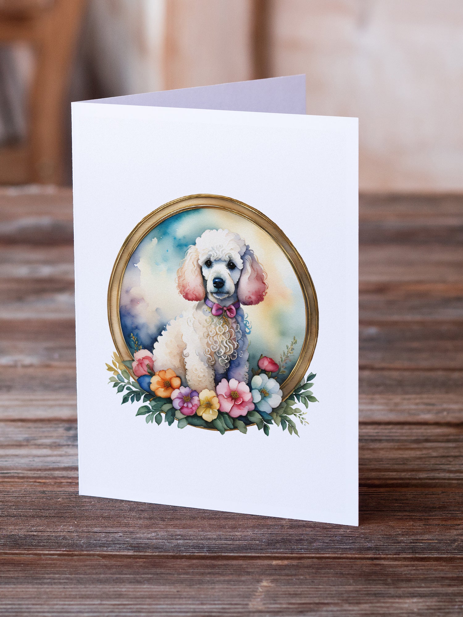 White Poodle and Flowers Greeting Cards and Envelopes Pack of 8  the-store.com.