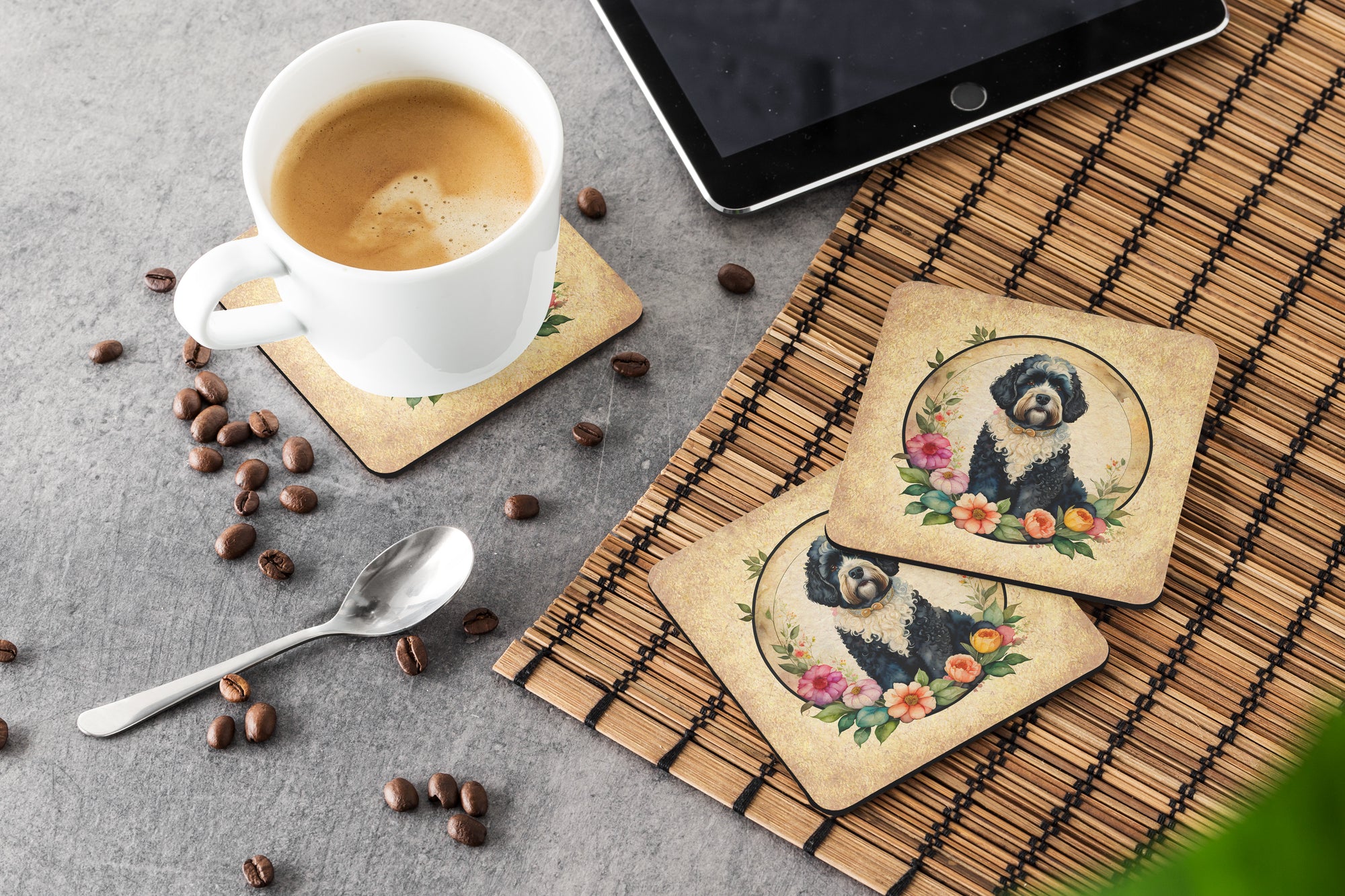 Portuguese Water Dog and Flowers Foam Coasters  the-store.com.