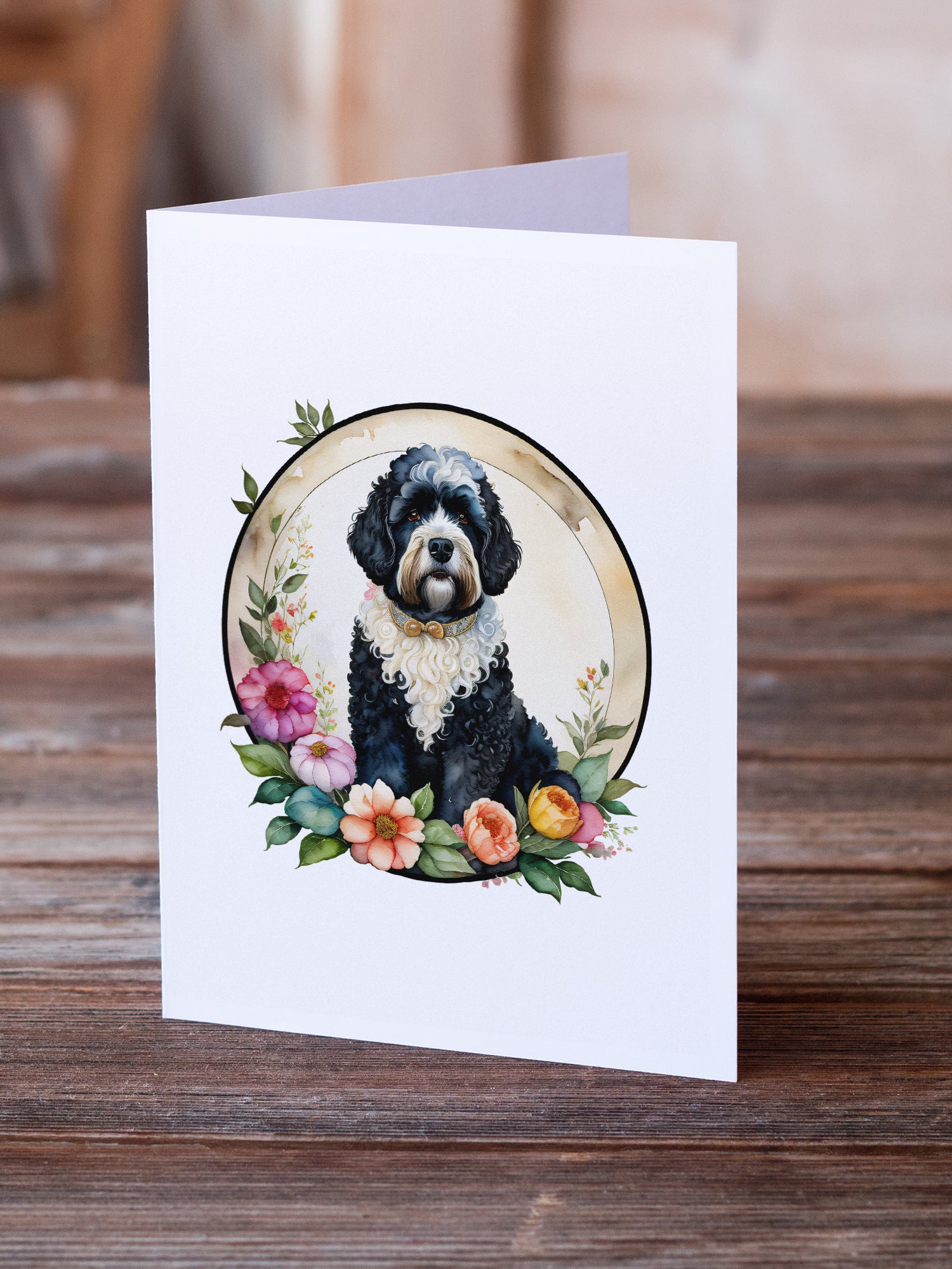 Portuguese Water Dog and Flowers Greeting Cards and Envelopes Pack of 8  the-store.com.