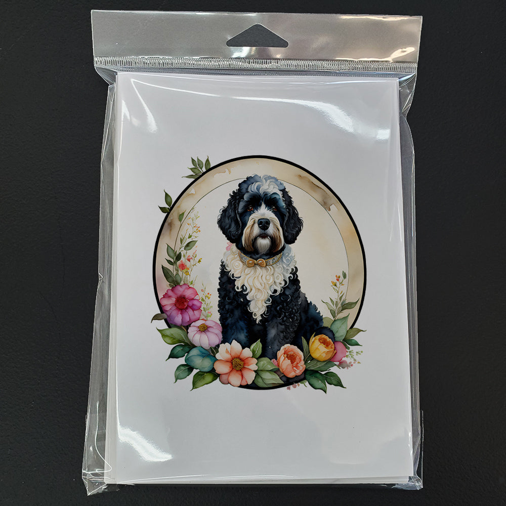 Portuguese Water Dog and Flowers Greeting Cards and Envelopes Pack of 8