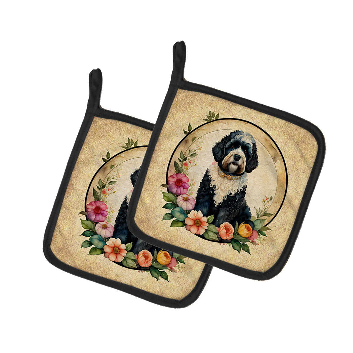 Buy this Portuguese Water Dog and Flowers Pair of Pot Holders