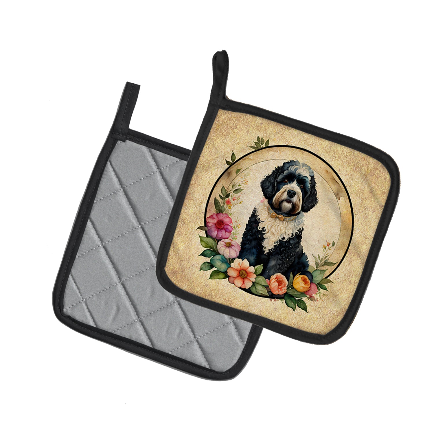 Portuguese Water Dog and Flowers Pair of Pot Holders  the-store.com.