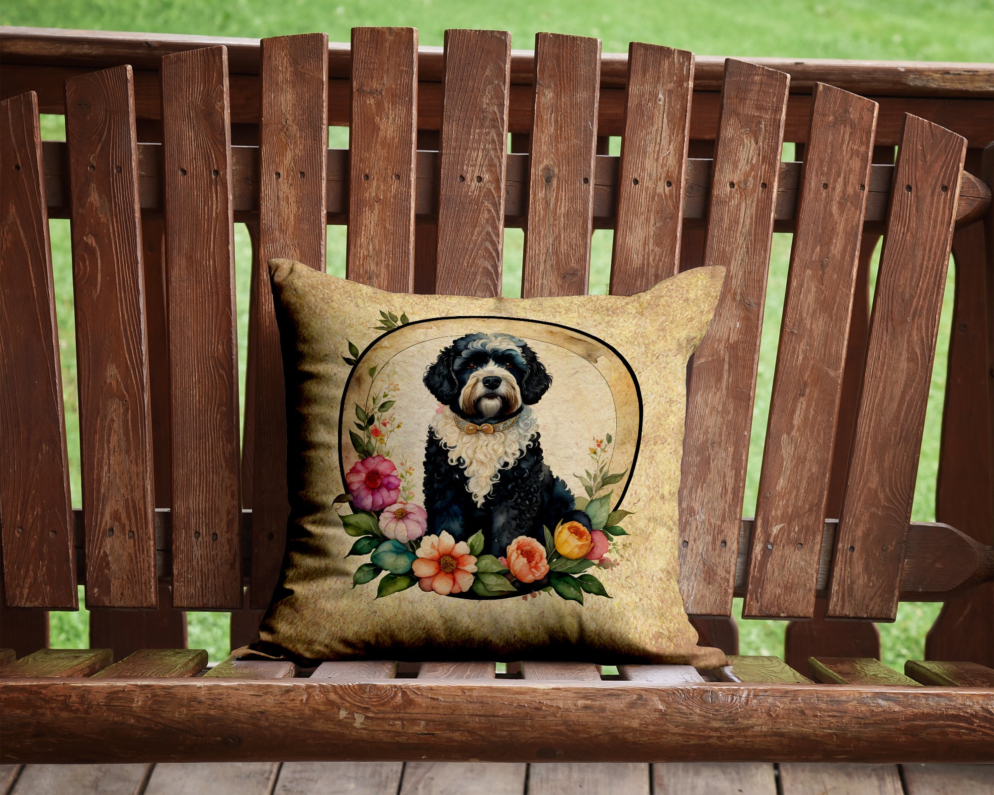 Buy this Portuguese Water Dog and Flowers Fabric Decorative Pillow