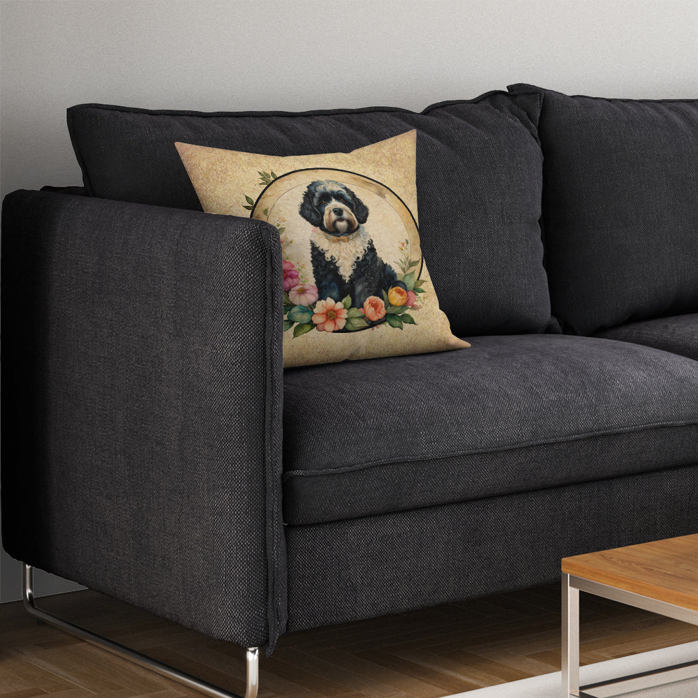 Portuguese Water Dog and Flowers Fabric Decorative Pillow  the-store.com.