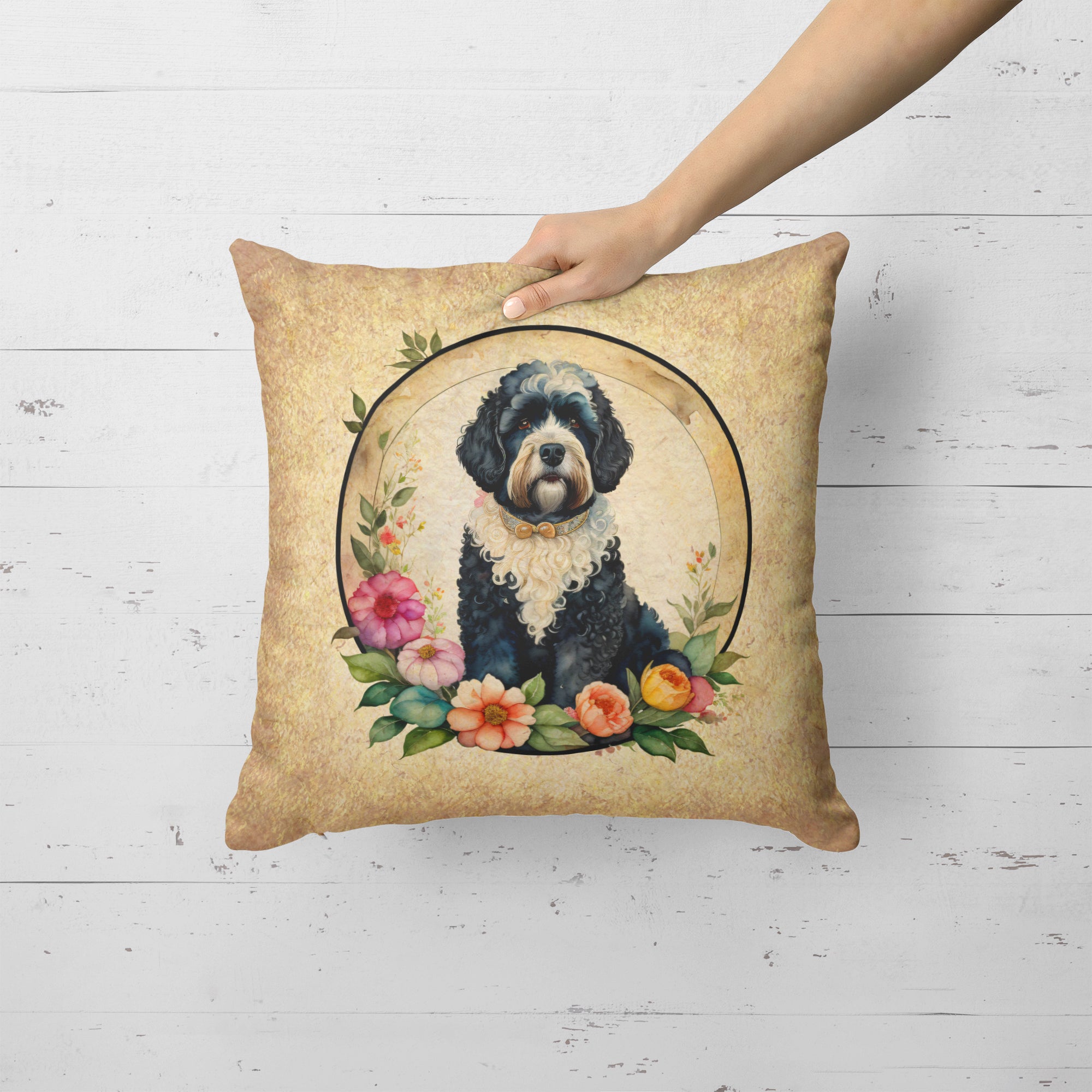 Portuguese Water Dog and Flowers Fabric Decorative Pillow  the-store.com.