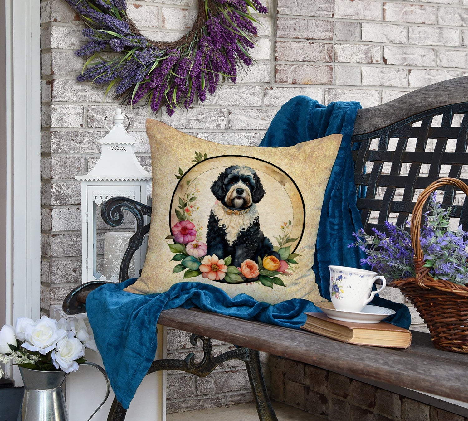 Portuguese Water Dog and Flowers Fabric Decorative Pillow  the-store.com.