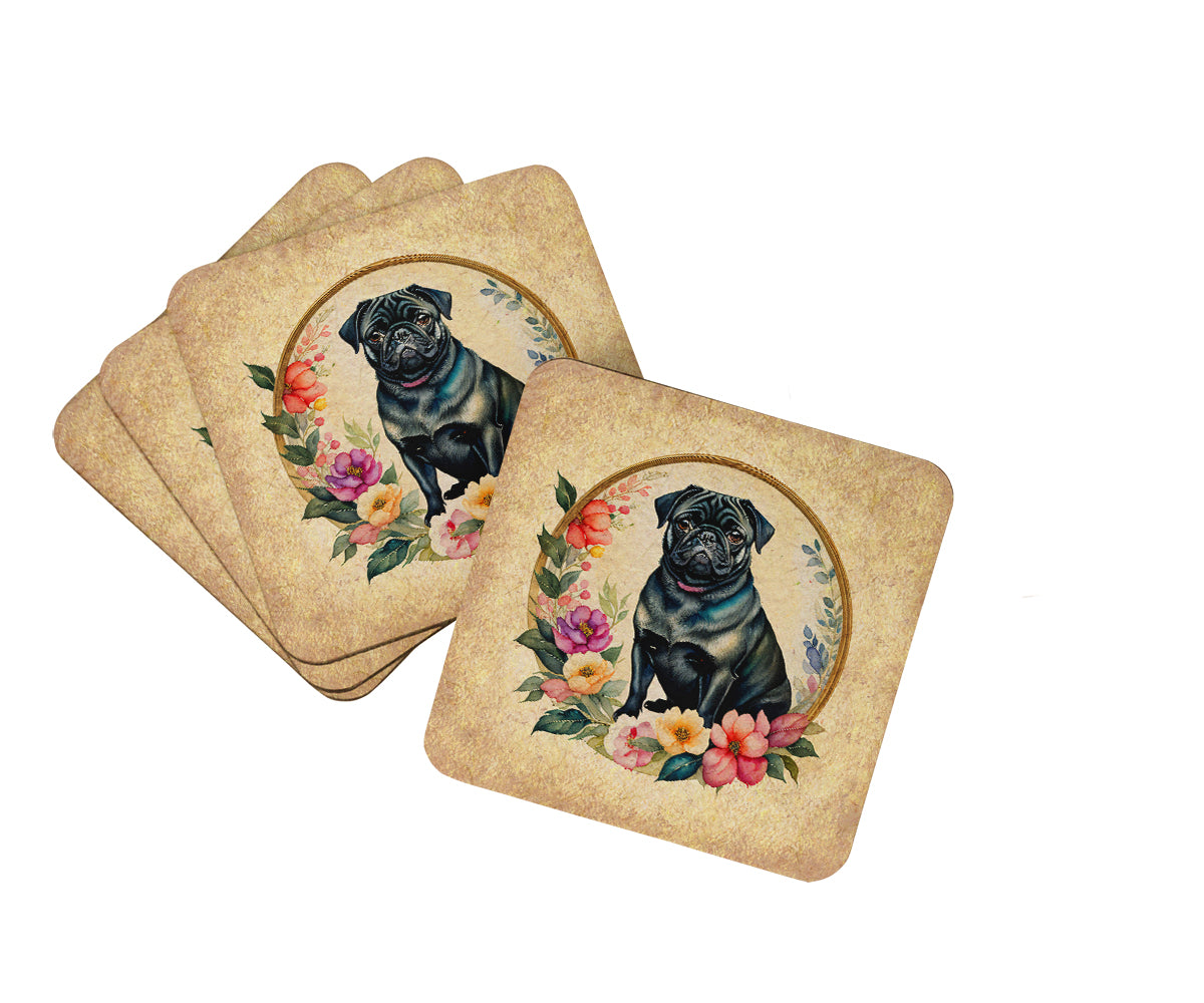 Buy this Black Pug and Flowers Foam Coasters