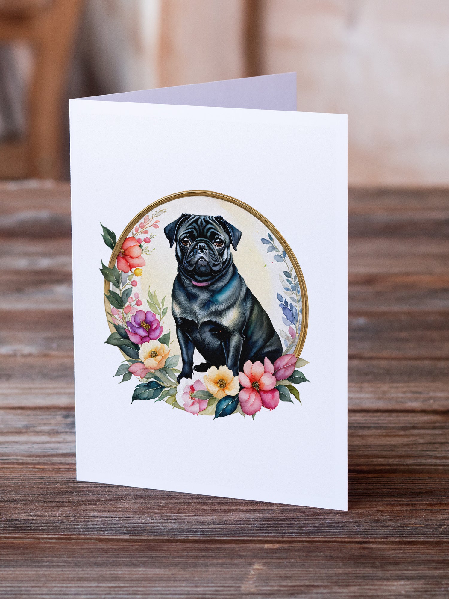 Black Pug and Flowers Greeting Cards and Envelopes Pack of 8