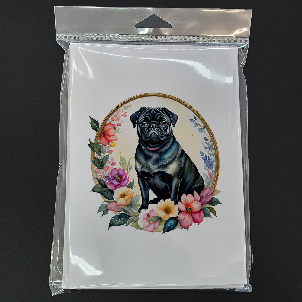 Black Pug and Flowers Greeting Cards and Envelopes Pack of 8  the-store.com.