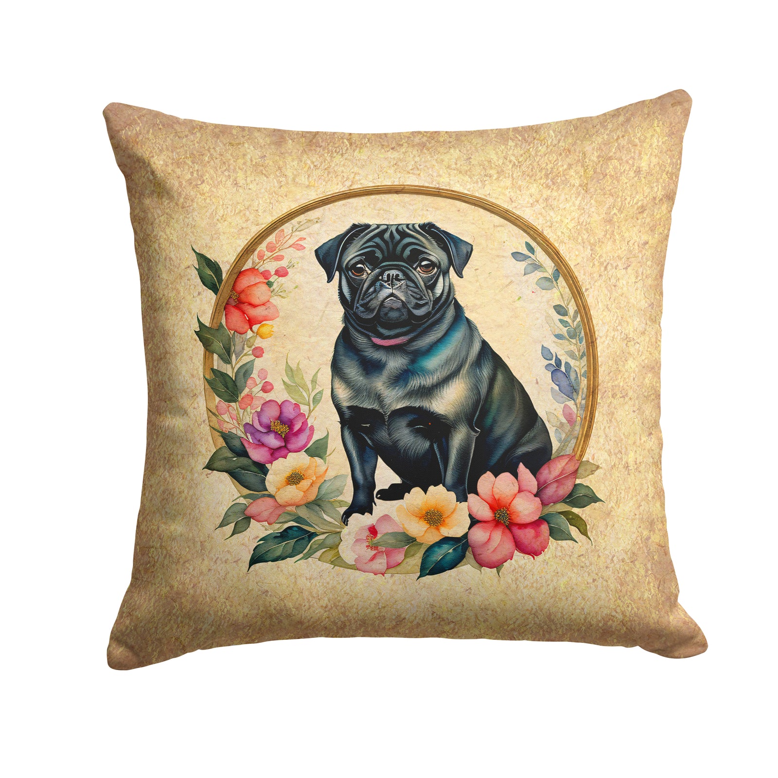 Buy this Black Pug and Flowers Fabric Decorative Pillow