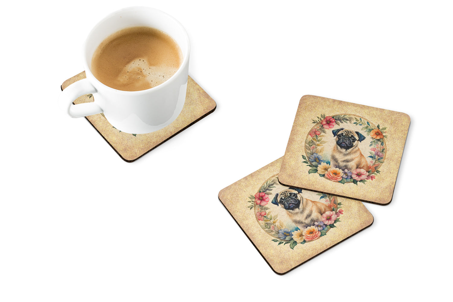 Fawn Pug and Flowers Foam Coasters  the-store.com.