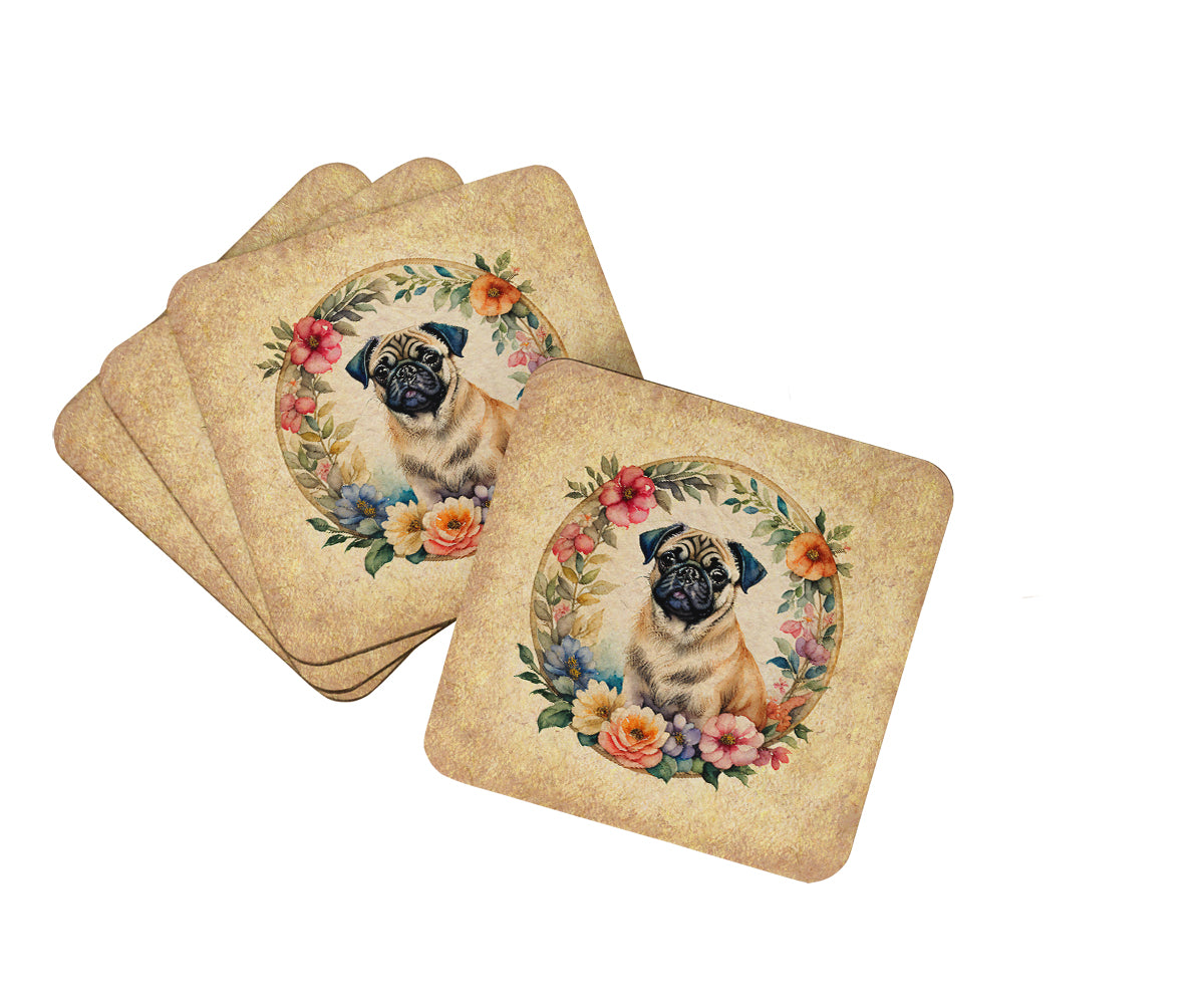 Buy this Fawn Pug and Flowers Foam Coasters