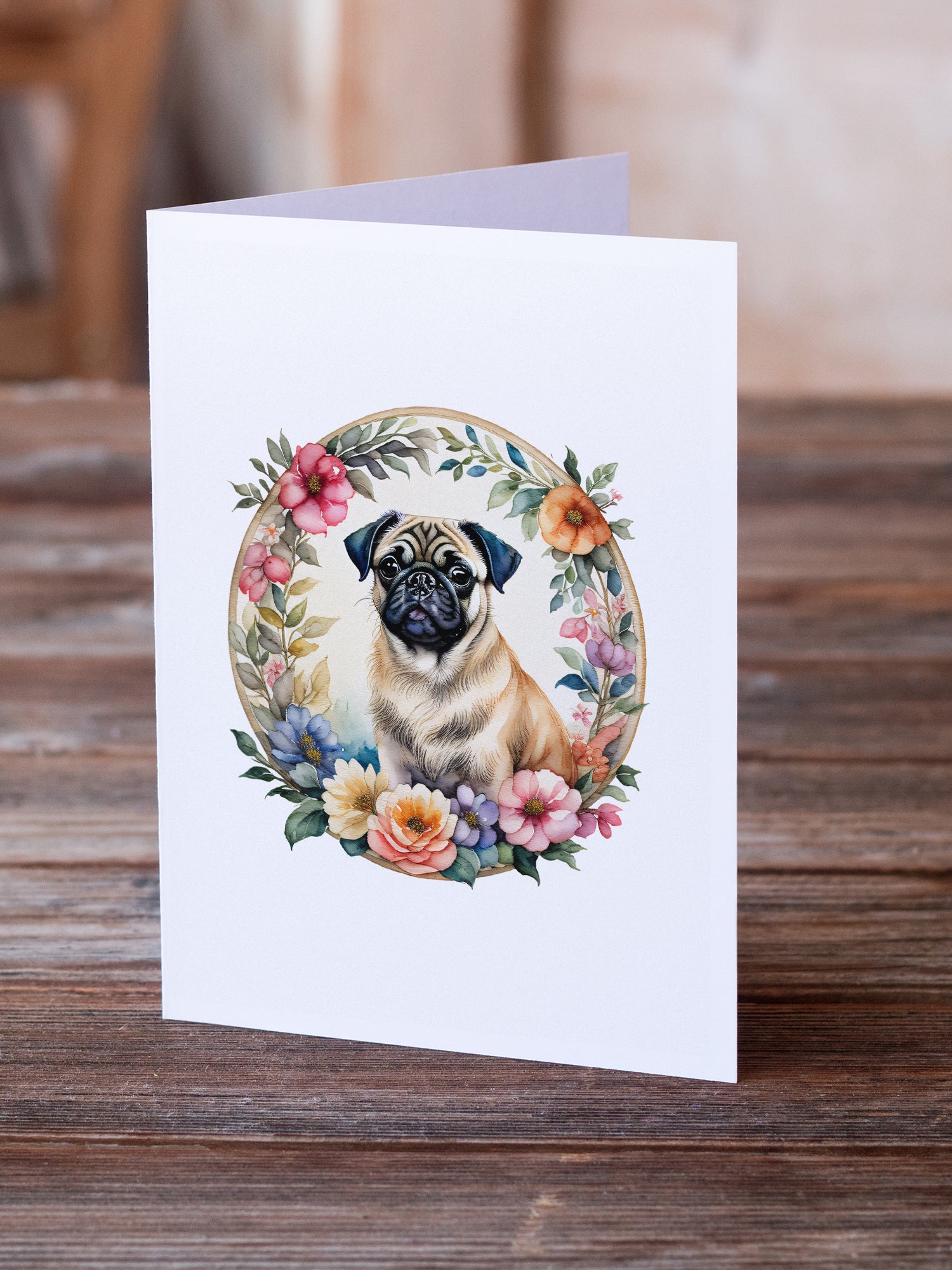 Fawn Pug and Flowers Greeting Cards and Envelopes Pack of 8  the-store.com.