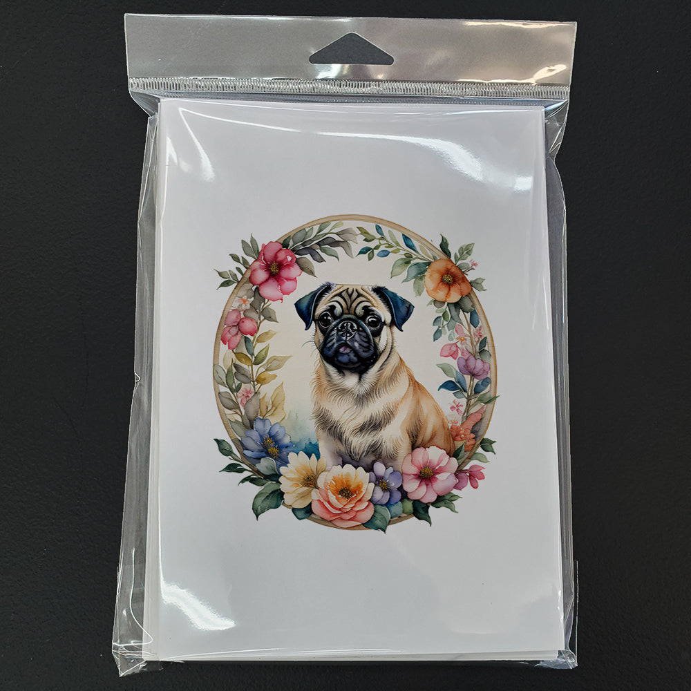 Fawn Pug and Flowers Greeting Cards and Envelopes Pack of 8  the-store.com.